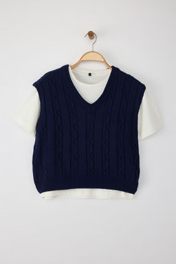 Lacivert 2li T-Shirtlu Sac Orgu Triko Kazak TWOAW26KZ00131