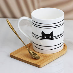 Кружка керамическая на деревянной подставке «Прятки», 330 мл, с ложкой, белая