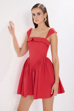 TRENDYOLMILLA K?rm?z? A-Kesim Dugmeli Poplin Dokuma Poplin K?sa S?k Elbise TPRSS25EL00174  фото 2