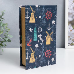 Шкатулка книга-сейф «Мельницы, штурвалы и якоря», дерево, искусственная кожа, 21×13×5 см