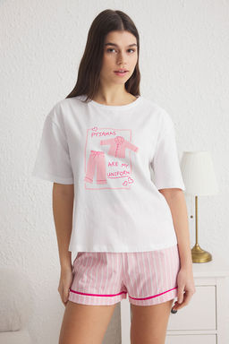 Trendyolmilla Beyaz-Pembe %100 Pamuklu Cizgili Bask?l? Sortlu Orme Pijama Tak?m? THMSS25PT00115 фото 8