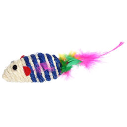 Цена за 6 шт. Игрушка - мышка для кошек "ЦЕПКИЕ ЛАПКИ", канатная с пёрышками, микс 3 цвета, 7*3,5см (пакет с хедером)