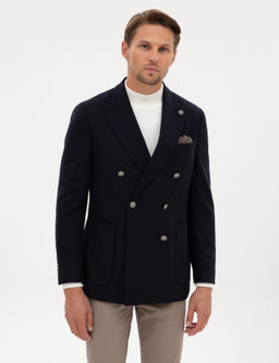 Lacivert Ex. Slim Fit Y_n Kar___ml_ Kruvaze Ceket