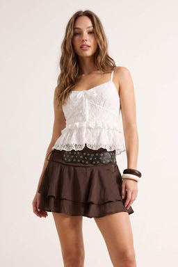Kahverengi Kemerli Saten Mini __i _ortlu Boho Etek TWOSS26ET00155