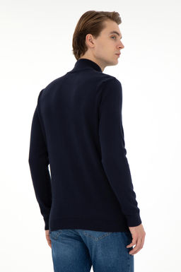 Erkek Slim Fit Yar_m Bal_k__ Yaka Lacivert Basic Kazak