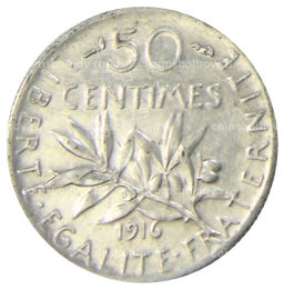 Монета 50 сантимов 1916 года Франция