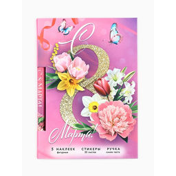 Цена за 2 шт. Подарочный набор, блок бумаги 30 л, ручка синяя паста 1.0 мм, наклейки 5 шт. С 8 Марта!