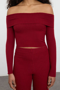 Trendyolmilla Bordo Carmen Yaka Vucuda Oturan Esnek Fitilli Orme Bluz TWOAW25BZ00313  фото 8