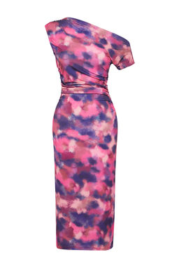 Cok Renkli Bask?l? Vucuda Oturan Kay?k Yaka S?f?r Kol Esnek Orme Midi Kalem Elbise TWOSS24EL00662