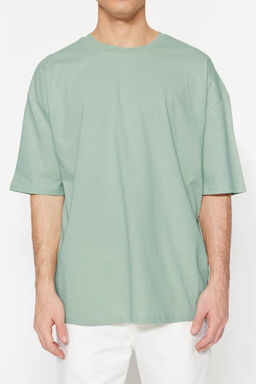 Koyu Mint Oversize/Genis Kesim %100 Pamuk K?sa Kollu Basic T-Shirt TMNSS22TS0318