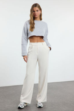 Ekru Yuksek Bel Wide Leg/Genis Paca Pilili Dokuma Kumas Pantolon TWOAW21PL0076