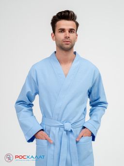 Мужской вафельный халат с планкой голубой В-03 (2)