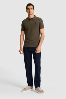 Erkek Slim Fit Polo Yaka Koyu Haki Basic Ti__rt