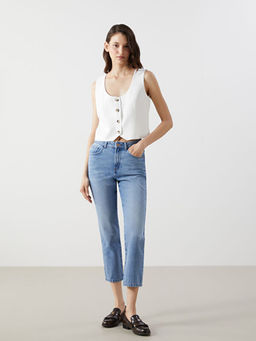 U Yaka Keten Kar???ml? Kad?n Klasik Yelek