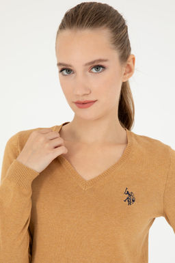 Женский базовый свитер светло-коричневого цвета с v-образным вырезом меланжевого цвета Неожиданная скидка в корзине - U.s. polo assn фото 2