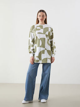 Bisiklet Yaka Desenli Oversize Kad?n Sweatshirt Tunik