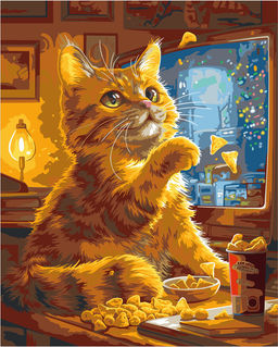 ФРЕЯ PNB/PLC-329 Набор для раскрашивания по номерам ( цветной холст ) 50 х 40 см Котик у телевизора