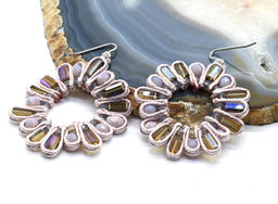 Серьги ручной работы Солнце с цирконами в оплетении цв.розовый