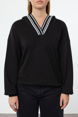 Siyah Overize Kal?p Kal?n Ici Polarl? Kapusonlu Triko Bant Detayl? Orme Sweatshirt TWOAW25SW00144 - Trendyolmilla фото 3