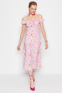 TRENDYOLMILLA Mor Cicek Desenli A Kesim Carmen Yaka Form Midi Dokuma Elbise TWOSS23EL01243