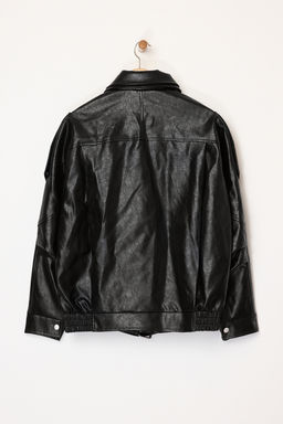 Siyah Oversize Kal?p Suni Deri Parlak Biker Ince Ceket Mont TWOAW26MO00064 - Trendyolmilla фото 4