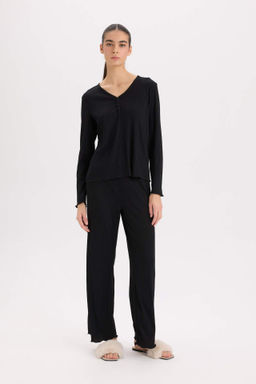 Fall in Love Pijama Tak?m? V Yaka Dugmeli Ribana Uzun Kollu Ust Beli Lastikli Genis Paca Alt - Defacto фото 2