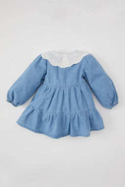 Джинсовое платье с широким кружевным воротником и длинными рукавами для маленьких девочек - Defacto фото 9