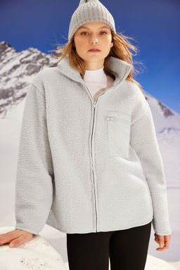 Winter Essentials Gri Polar Fermuarl? Dik Yaka Uzun Kol Cep Detayl? Orme Sweatshirt TWOAW24SW00071