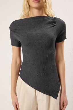 Antrasit Asimetrik Buzgu/Drape Detayl? Vucuda Oturan Esnek Orme Bluz TWOSS25BZ00272
