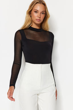Siyah Slim Tul Detayl? Uzun Kollu Dik Yaka Alttan C?tc?tl?Esnek Orme Body TWOAW24BD00049