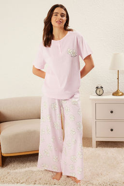 Trendyolmilla Lila %100 Pamuklu Cicekli Dugmeli Orme Pijama Tak?m? THMSS25PT00179 фото 5
