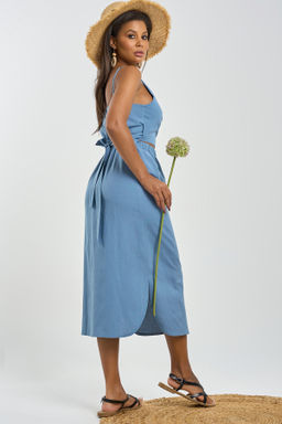 Хлопковое платье с отрезной талией синее