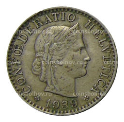 Монета 20 раппенов 1939 года Швейцария