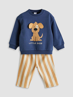 Bisiklet Yaka Bask?l? Erkek Bebek Sweatshirt ve E?ofman Alt 2li