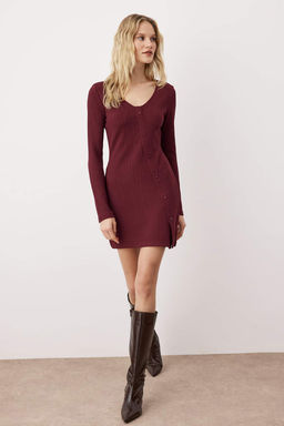 Bordo Duz Asimetrik Bodycone/Vucuda Oturan Dugmeli K?sa/Mini Orme Elbise TWOAW26EL00170