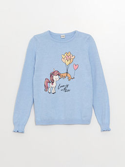 Bisiklet Yaka Bask?l? Uzun Kollu K?z ?ocuk Triko Kazak