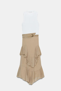 VESTIDO COMBINADO CINTUR?N VOLANTES / CAMEL/BLANCO - Zara фото 2