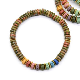 Браслет из унакита диски 6*2мм со вставками из лавы, 16см