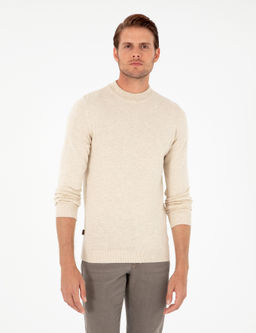 Krem Melanj Slim Fit Yar_m Bal_k__ Yaka Basic Triko Kazak