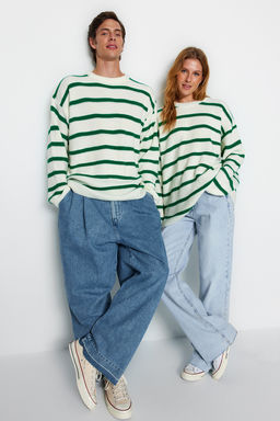 TRENDYOL MAN Vizon Casual Oversize Bisiklet Yaka Cizgili Triko Kazak TMNAW23KZ00285 - Trendyolmilla фото 2