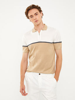 Polo Yaka K?sa Kollu Renk Bloklu Erkek Triko Kazak