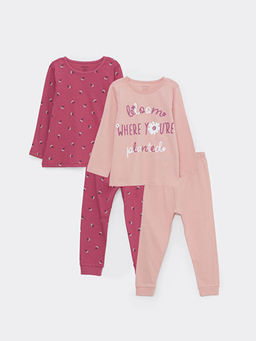 Bisiklet Yaka Uzun Kollu Bask?l? Pamuklu K?z Bebek 2li Pijama Tak?m?