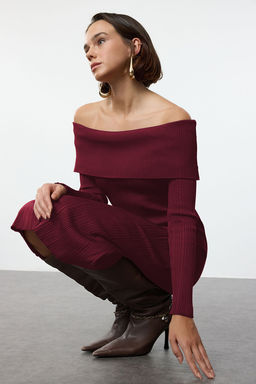 Bordo Duz Midi Midi Triko Basic Carmen Yaka Triko Elbise TWOAW25EL00033