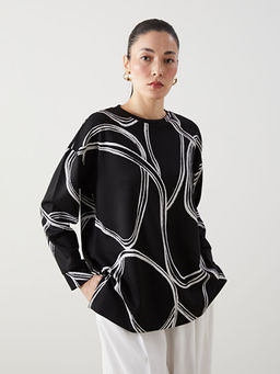 Bisiklet Yaka Desenli Oversize Kad?n Sweatshirt