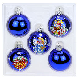 Елочная игрушка шар стеклянная Рождественский д7,5см, ручная художественная роспись, подарочная упаковка, набор 5шт, цвета микс (Россия)