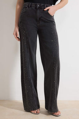 Siyah DOKUMLU Tasl? Dikis Detayl? Yuksek Bel %100 Pamuk Wide Leg Jeans TWOSS26JE00079 - Trendyolmilla фото 3