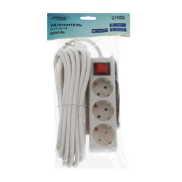 Удлинитель Luazon Lighting, 3 розетки, 5 м, 16 А, 3500 Вт, 3х1.5 мм2, с заземлением, с выключателем, белый