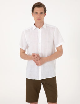 Beyaz %100 Keten Regular Fit K_sa Kollu G_mlek