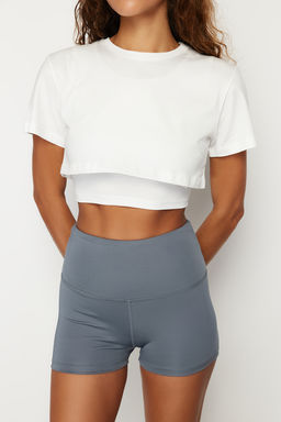 Beyaz %100 Pamuklu 2 Katmanl? Reflektor Bask?l? Crop Orme Spor T-Shirt THMSS24TS00001