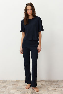 Trendyolmilla Lacivert Slogan Bask?l? Lastik Detayl? Fitilli T-shirt-Pantolon Orme Pijama THMSS21PT1016  фото 12